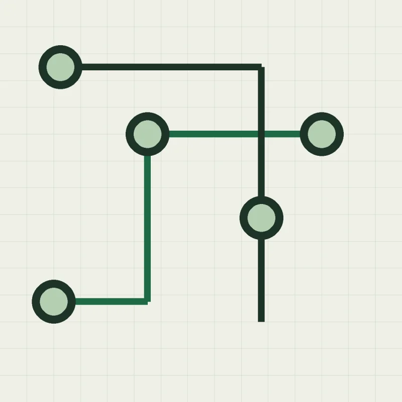Un mapa geométrico de caminos y puntos conectados.